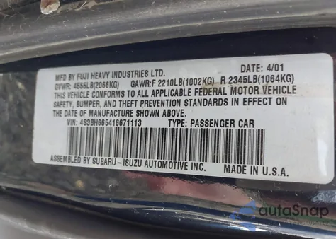 2001 Subaru Outback from USA, damaged, VIN 4S3BH665416671113